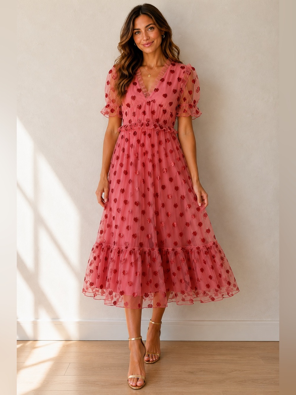 Rachel Parcell Pink Red Heart Sequin midi Tulle Dress Small